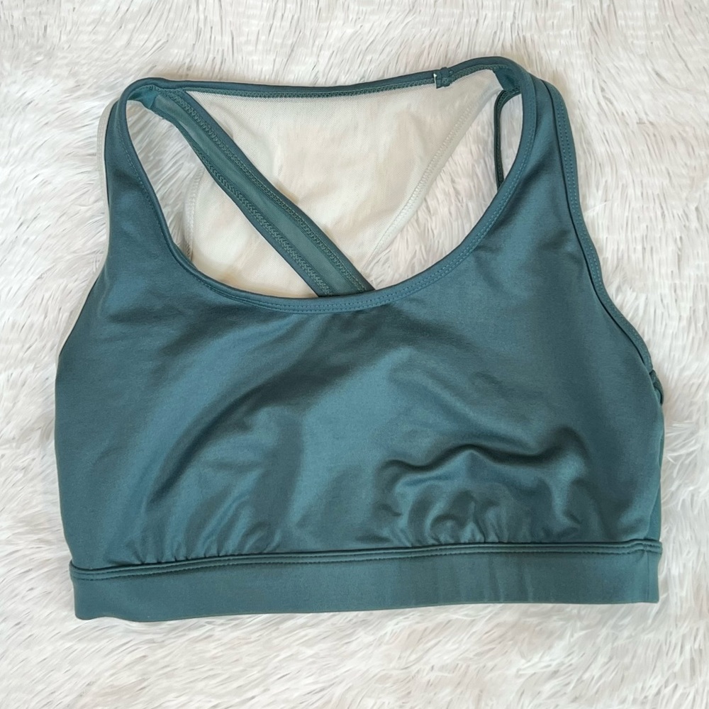 JoyLab Green White Long Line Sports Bra Strappy Mesh Back